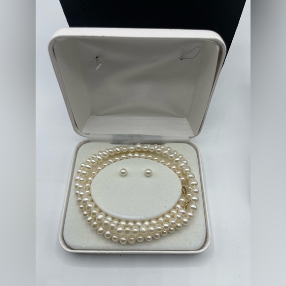 14k Gold Pearl Bead Earrings Bracelet Necklace Set - Picture 2 of 3
